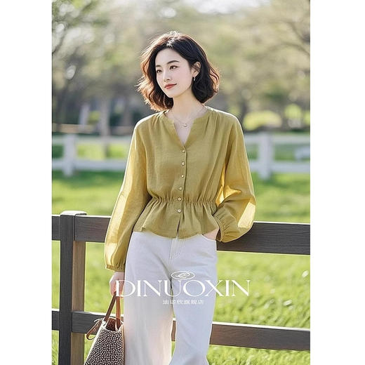 开春小众穿搭超好看独特漂亮老钱风亚麻芥末绿色棉麻衬衫女士上衣 商品图0