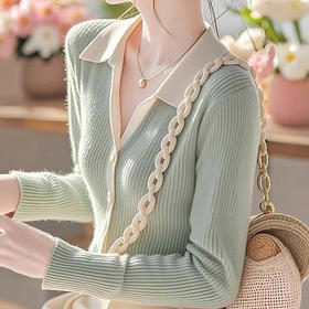 春秋独特别致绿色翻领针织打底衫女设计感小众超好看修身长袖上衣