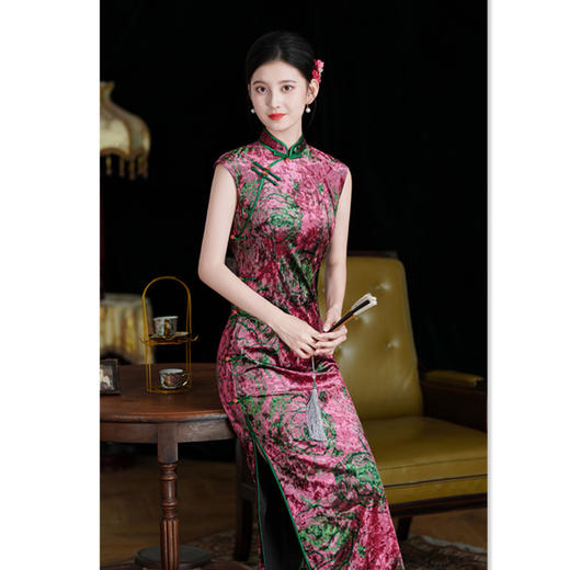 SKY 66917妈妈旗袍裙复古国风长款丝绒无袖旗袍 商品图2
