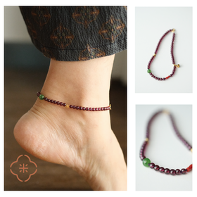 米马饰品 石榴石珊瑚碧玉脚链 银镀金簸箕纳福链 气血润行 好运随身