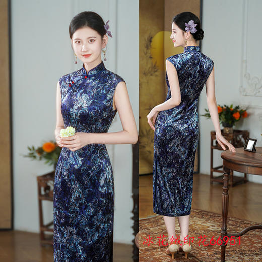 SKY 66951冰花绒印花长款无袖旗袍复古国风新中式日常旗袍 商品图1