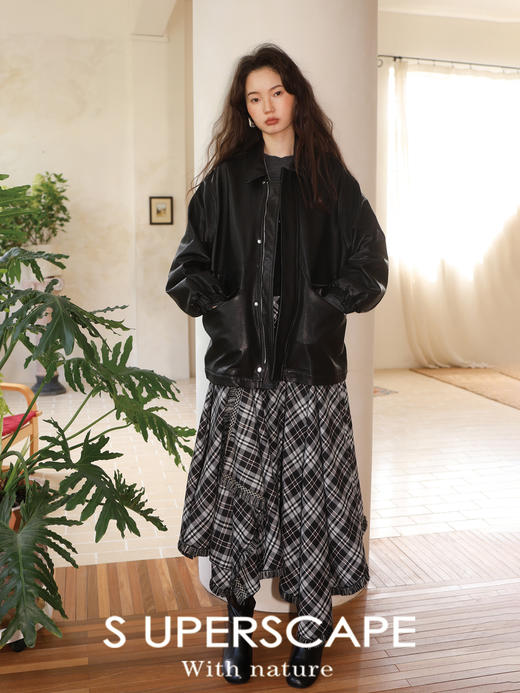 【8/25新品】素舶 格纹磨毛抗皱耐磨易打理不规则下摆流苏插片大裙摆A字长半裙 商品图2