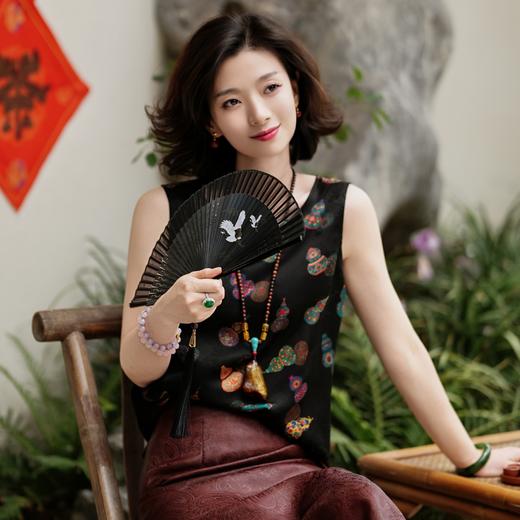 西子/【七彩葫芦】非遗红云纱重磅24姆米桑蚕丝七彩“瑞葫祥纹“印花黑色背心/DDTJ284 商品图5