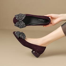 【预售5天】法式绝美亮片浅口蝴蝶结圆头低跟粗跟真皮气质单鞋YS&7233