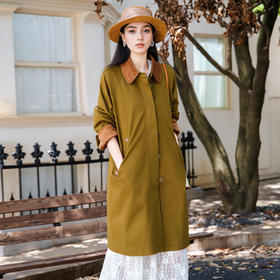 谜底大廓形风衣女士2025秋新款通勤简约领口拼接长外套25CME5007