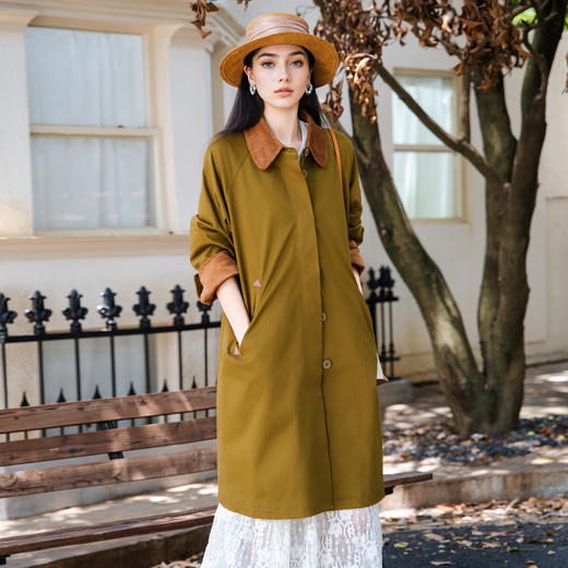 谜底大廓形风衣女士2025秋新款通勤简约领口拼接长外套25CME5007 商品图0