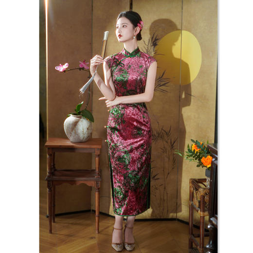 SKY 66917妈妈旗袍裙复古国风长款丝绒无袖旗袍 商品图3