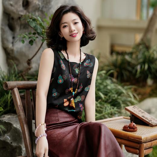 西子/【七彩葫芦】非遗红云纱重磅24姆米桑蚕丝七彩“瑞葫祥纹“印花黑色背心/DDTJ284 商品图3