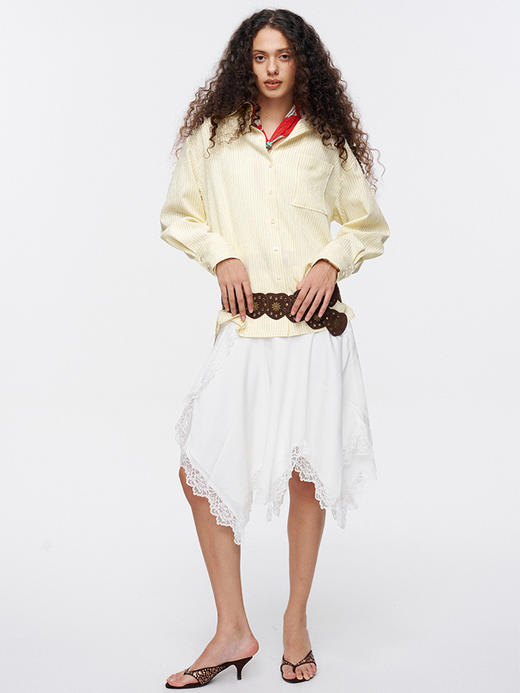 TR她热 黄油酥 鹅黄色宽松条纹复古休闲百搭防晒衬衫 商品图1