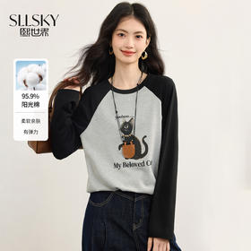 【周末秒杀】熙世界猫咪印花长袖T恤女设计感撞色圆领插肩袖上衣2025秋日新款
