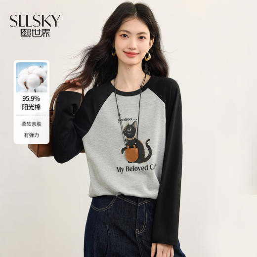 【周末秒杀】熙世界猫咪印花长袖T恤女设计感撞色圆领插肩袖上衣2025秋日新款 商品图0