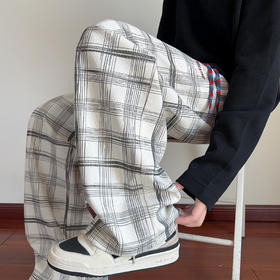 撞色慵懒风拼接条纹格子潮流嘻哈美式新款直筒休闲宽松长裤