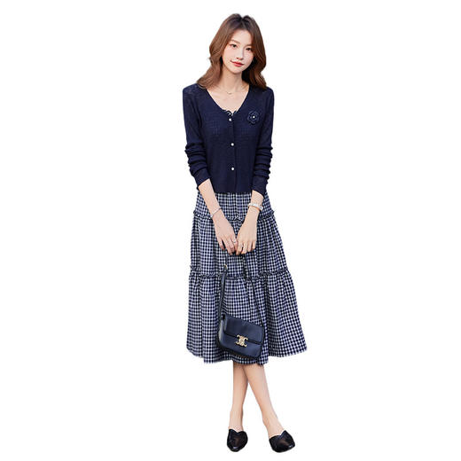 AB251362025秋季新款时尚气质减龄针织上衣+格子吊带两件套连衣裙 商品图4