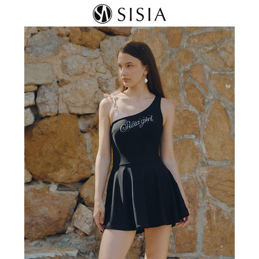 sisia新款泳衣女高级感烫钻连体保守遮肚显瘦海边度假泡温泉泳装SWSA25-08A
 商品图0