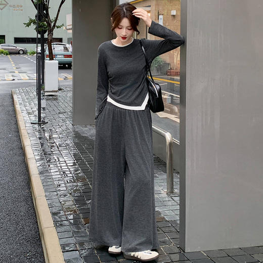 CB8595时尚休闲套装2025秋季新款女遮肉显瘦不规则上衣长裤两件套 商品图1