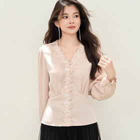 「自」全新升级【铂金会员183/天猫239/差价56】(04240)洛诗琳新款V领钉珠上衣2025秋季蕾丝拼接收腰雪纺衬衫女04240