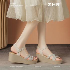 ZHR则则6.5CM坡跟凉鞋女水钻仙女风凉鞋女外出百搭气质高跟鞋夏季