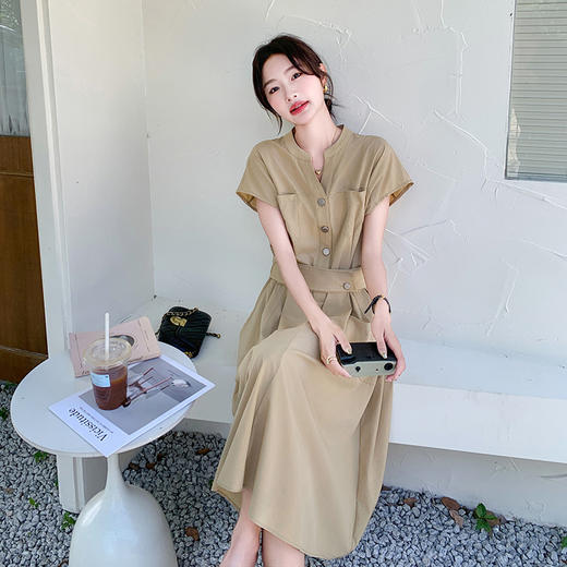 实拍卡其色设计感韩系连衣裙女夏季2025年新款轻熟风高腰过膝长裙 商品图2