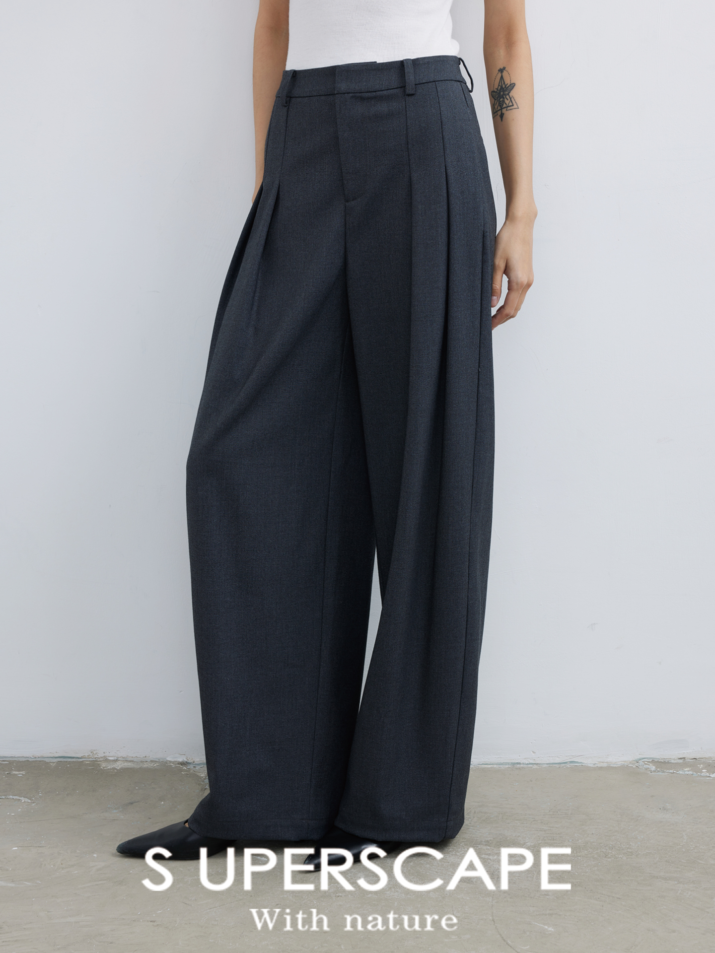 【8/25新品】素舶 莱赛尔精纺羊毛垂顺透气压褶弯刀阔腿西装裤