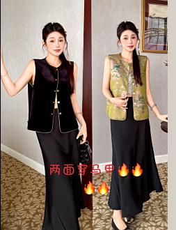 588859两面穿国风马甲 一面绿色一面金丝绒黑色 商品图8