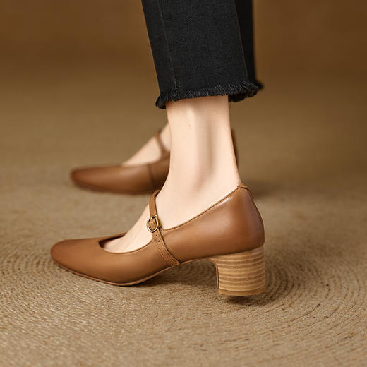 【预售5天】法式气质复古木纹跟浅口玛丽珍单鞋四季款牛皮百搭简约高跟鞋女MNLS&D2540 商品图4