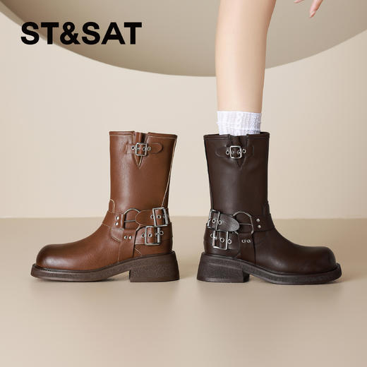 星期六复古擦色金属扣带牛仔短靴SSD3116C50 商品图2