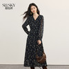 【08/19新品】熙世界黑色碎花V领连衣裙女秋季2025新款法式气质收腰雪纺长裙子 商品缩略图0