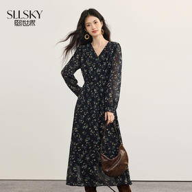 【08/19新品】熙世界黑色碎花V领连衣裙女秋季2025新款法式气质收腰雪纺长裙子