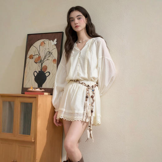 西遇莱赛尔文艺休闲套装女秋季V领长袖衬衫搭半身裙两件套V2551110 商品图3