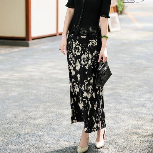 西子/仲夏半裙重磅醋酸缎面黑白水墨碎花印花鱼尾半裙/BQTJ055 商品图1