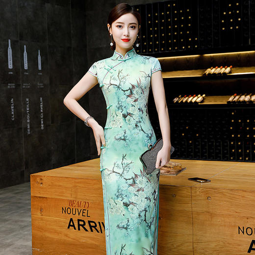 SC3759双层侧八扣短袖长款改良旗袍2025新款女走秀演出服装 商品图1