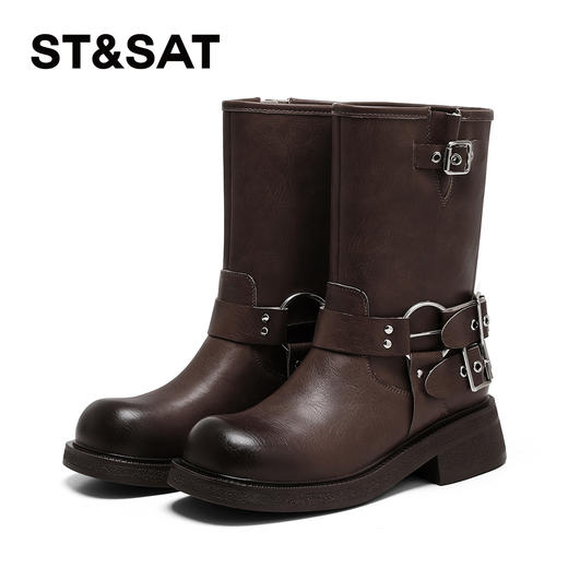 星期六复古擦色金属扣带牛仔短靴SSD3116C50 商品图8