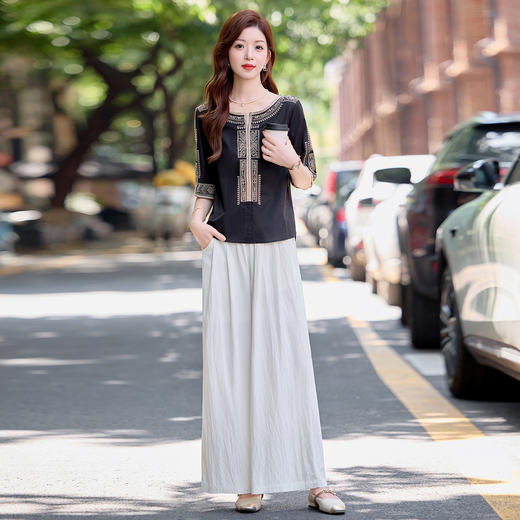 YLFS9015夏季新款棉麻套装女印花上衣坠感阔腿裤两件套宽松显瘦遮肉休闲潮 商品图3