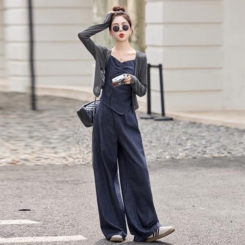 【预售3天】2025秋新款韩版牛仔显瘦百搭背心配阔腿裤休闲三件套套装YDYX9368 商品图4