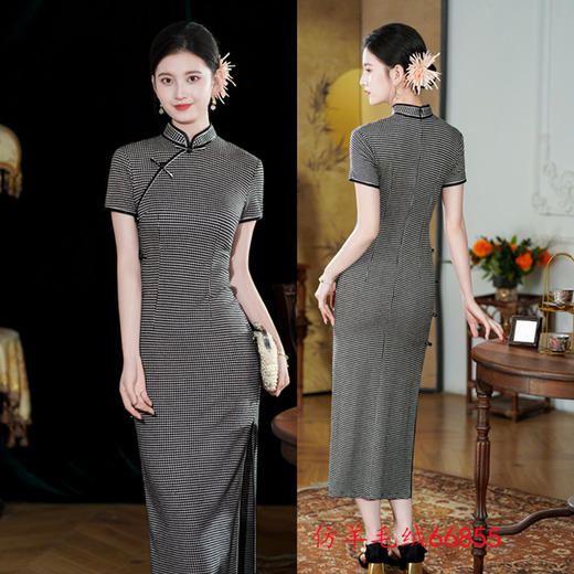 SKY 66855复古国风文艺格子新中式日常旗袍 商品图1