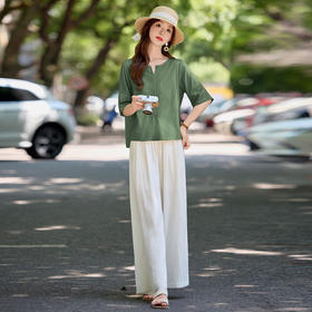 YLFS9015夏季新款棉麻套装女印花上衣坠感阔腿裤两件套宽松显瘦遮肉休闲潮