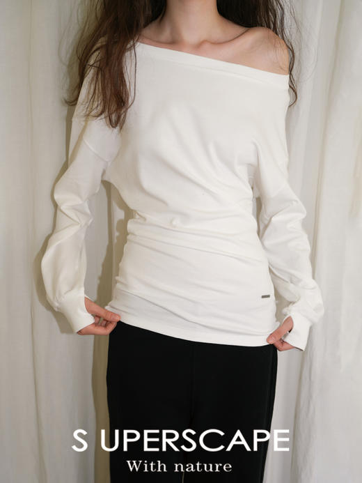 【8/25新品】素舶 优质长绒奶油棉吸湿排汗细腻挺阔一字领收腰上衣长袖T恤 商品图2