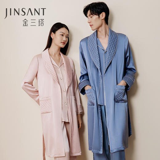 金三塔22姆米重磅真丝情侣睡袍100%桑蚕丝青果领男女单睡袍 YSFFD101+YSMFD101 商品图0