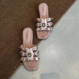 【羊皮法式钉珠凉拖】2025夏季新款休闲平底一字外穿铆钉镂空时尚沙滩凉拖鞋女