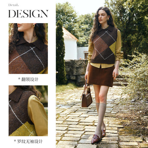 OLrain欧芮儿法式翻领菱格提花毛织马甲女秋季2025新款慵懒风上衣 商品图1