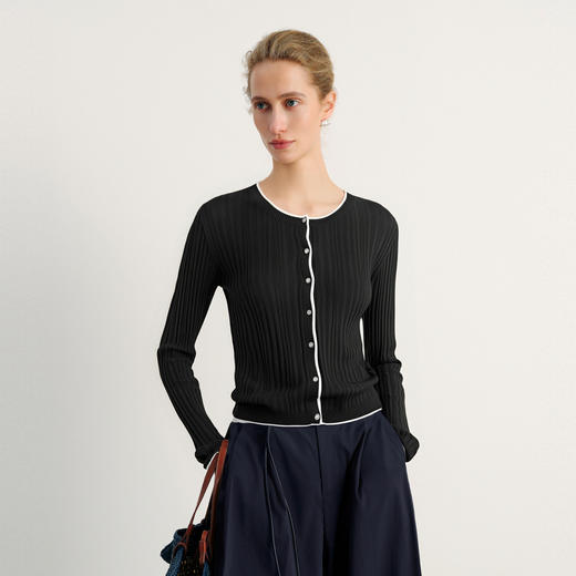 【商场同款】麦檬春秋气质修身撞色毛衫开衫5F8133051 商品图0