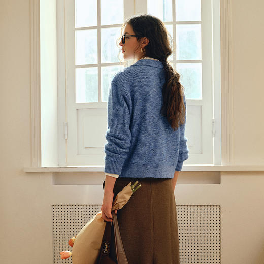 OLrain欧芮儿2025新款女秋季休闲蓝色小翻领拉链毛针织开衫羊毛衣 商品图2