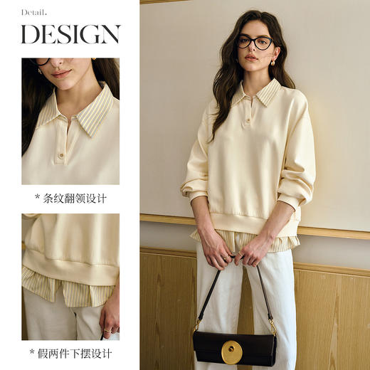 OLrain欧芮儿休闲黄色假两件衬衫领宽松套头卫衣女秋季2025年新款 商品图1