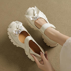 OLD 1290浅口厚底小皮鞋真皮玛丽珍鞋蝴蝶结串珠单鞋