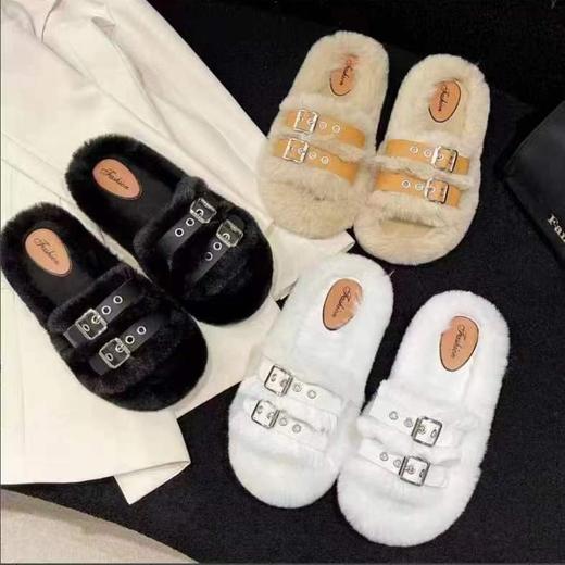 【显高显瘦❗️亲肤毛绒绒棉拖鞋】柔软面料，舒适内里，防滑耐磨底毛毛拖鞋女外穿秋冬室内家居皮带扣网红大码厚底潮 商品图3