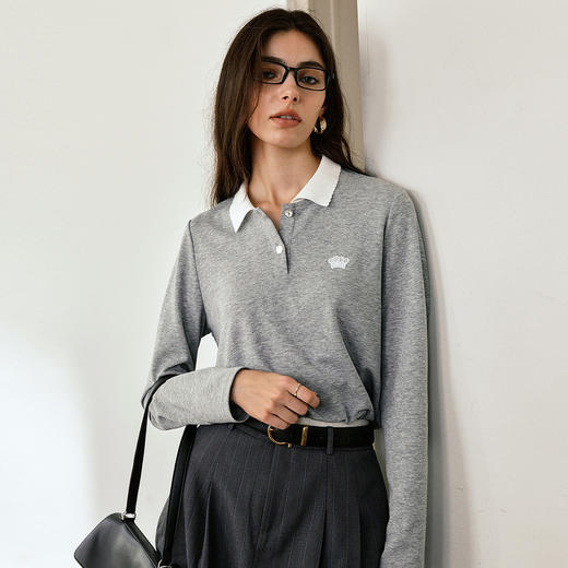 OLrain欧芮儿灰色POLO领设计感T恤2025秋季新款显瘦时尚百搭上衣 商品图3