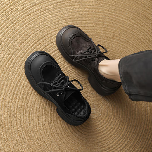 【预售5天】羊翻皮拼接牛皮暴走厚底单鞋复古系带粗跟乐福鞋高跟鞋AD&298-684 商品图1