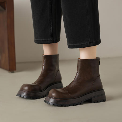 阿么手工女鞋复古厚底烟筒靴显高不累脚简约秋季真皮百搭短靴5CM 商品图4