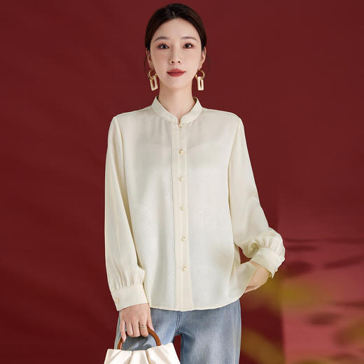 SM1775真丝桑蚕丝衬衫女2025秋季轻奢气质优雅法式长袖立领通勤上衣 商品图3