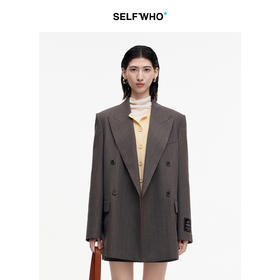 SELFWHO双排扣暗条纹西装外套女2025秋新款时尚通勤百搭垫肩西服